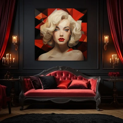 Wall Art titled: Eternal Seduction in a Square format with: Black, Red, and Beige Colors; Decoration the Above Couch wall