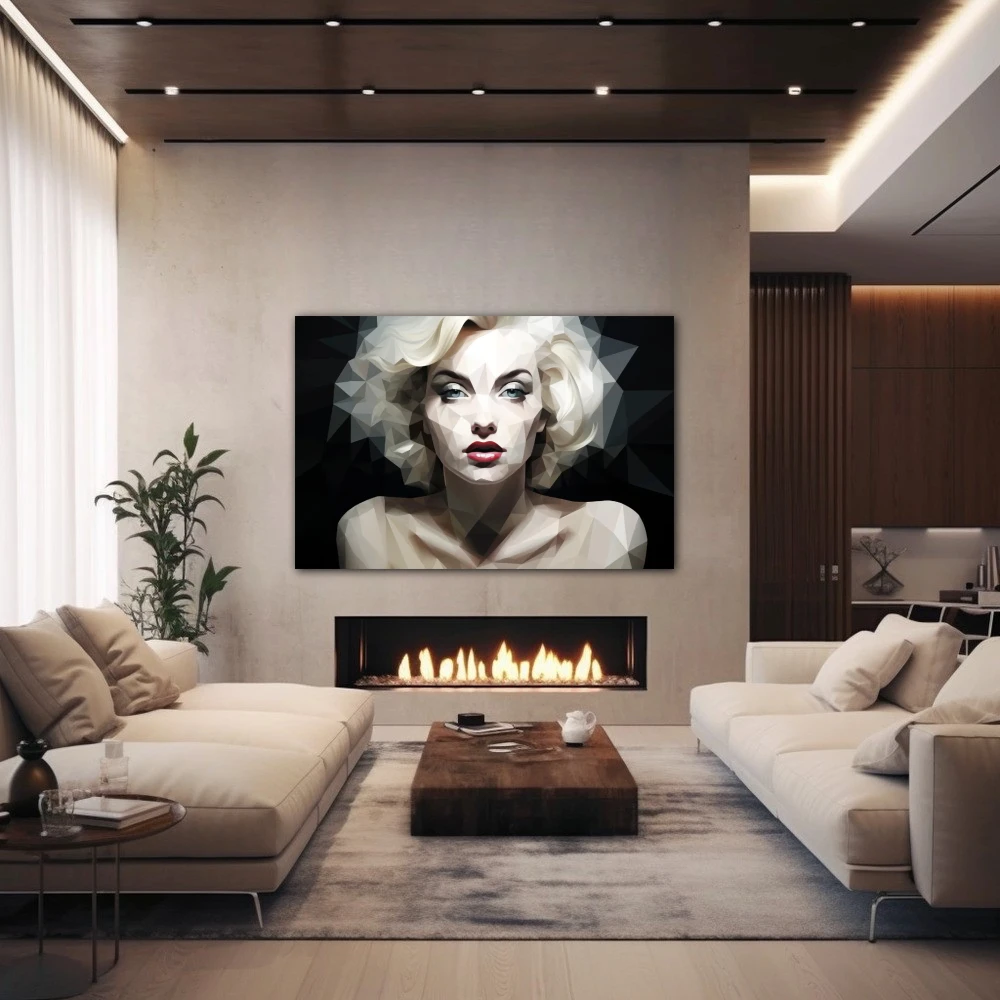 Wall Art titled: Polygons of Marilyn in a Horizontal format with: white, Black, and Monochromatic Colors; Decoration the Fireplace wall