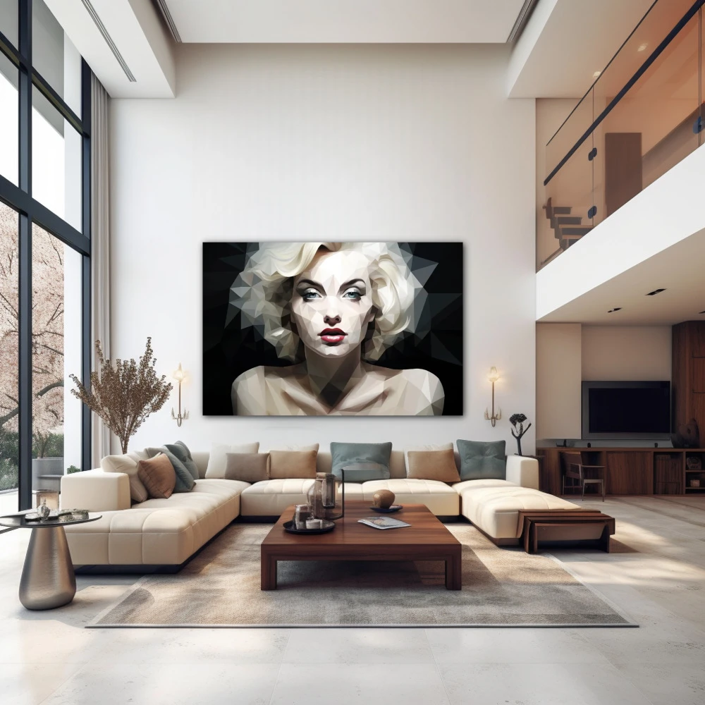Wall Art titled: Polygons of Marilyn in a Horizontal format with: white, Black, and Monochromatic Colors; Decoration the Above Couch wall