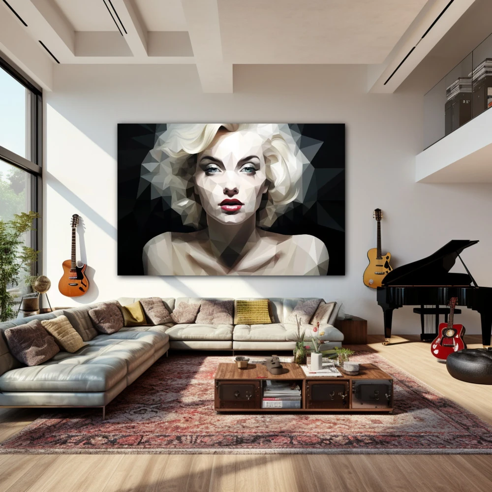 Wall Art titled: Polygons of Marilyn in a Horizontal format with: white, Black, and Monochromatic Colors; Decoration the Living Room wall