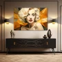 Wall Art titled: Fragments of Glamour in a Horizontal format with: Mustard, Orange, and Beige Colors; Decoration the Sideboard wall
