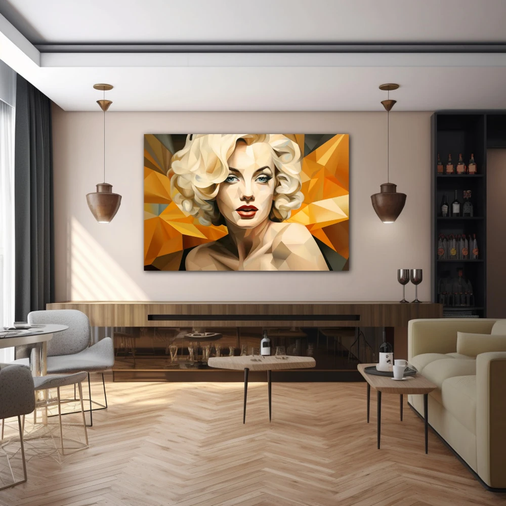 Wall Art titled: Fragments of Glamour in a Horizontal format with: Mustard, Orange, and Beige Colors; Decoration the Bar wall