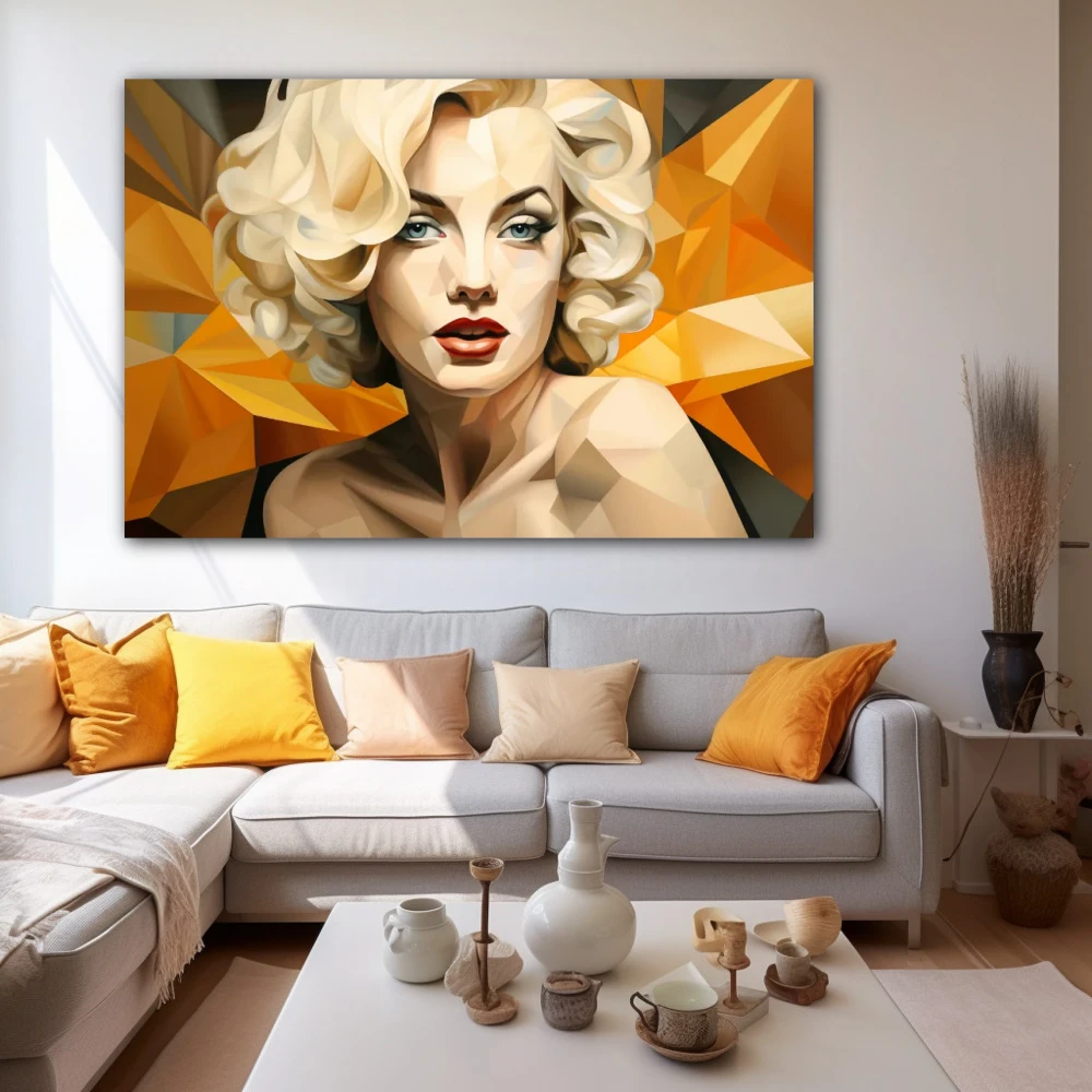 Cuadro fragmentos de glamour en formato horizontal con colores mostaza, naranja, beige; decorando pared blanca