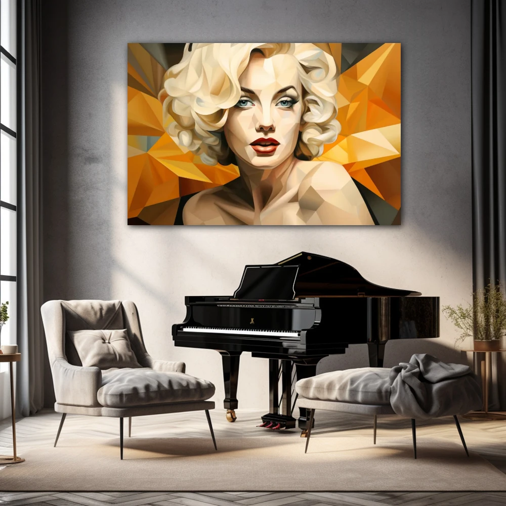 Wall Art titled: Fragments of Glamour in a Horizontal format with: Mustard, Orange, and Beige Colors; Decoration the Living Room wall