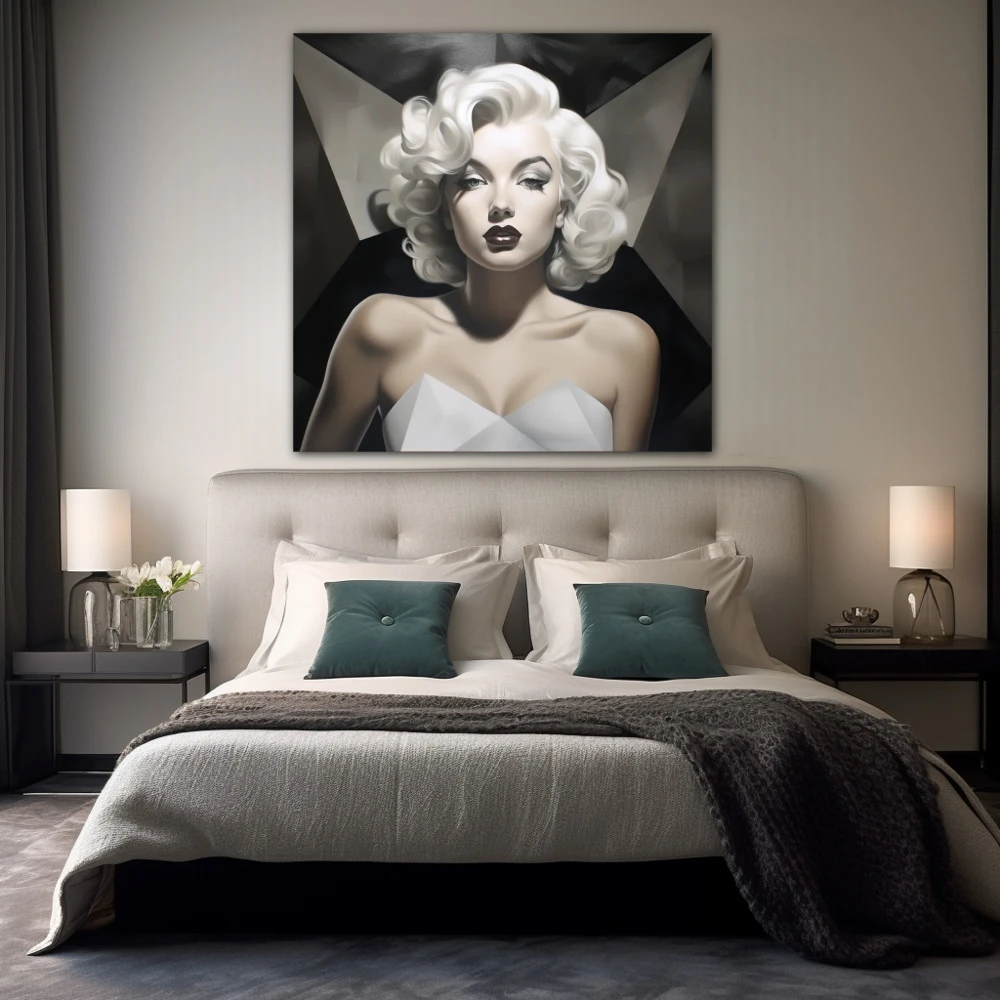 Cuadro la estrella del pop art en formato cuadrado con colores gris, monocromático; decorando pared de habitación dormitorio