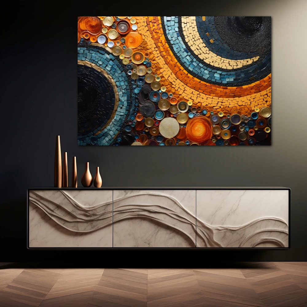 Wall Art titled: Echoes of Abstraction in a Horizontal format with: Blue, and Orange Colors; Decoration the Sideboard wall