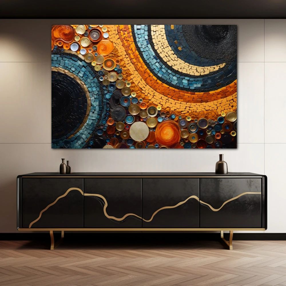 Wall Art titled: Echoes of Abstraction in a Horizontal format with: Blue, and Orange Colors; Decoration the Sideboard wall