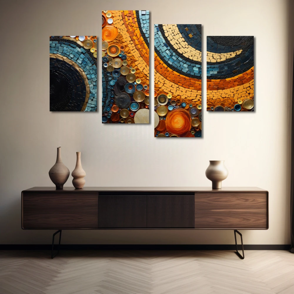Cuadro ecos de abstracción en formato políptico con colores azul, naranja; decorando pared de aparador