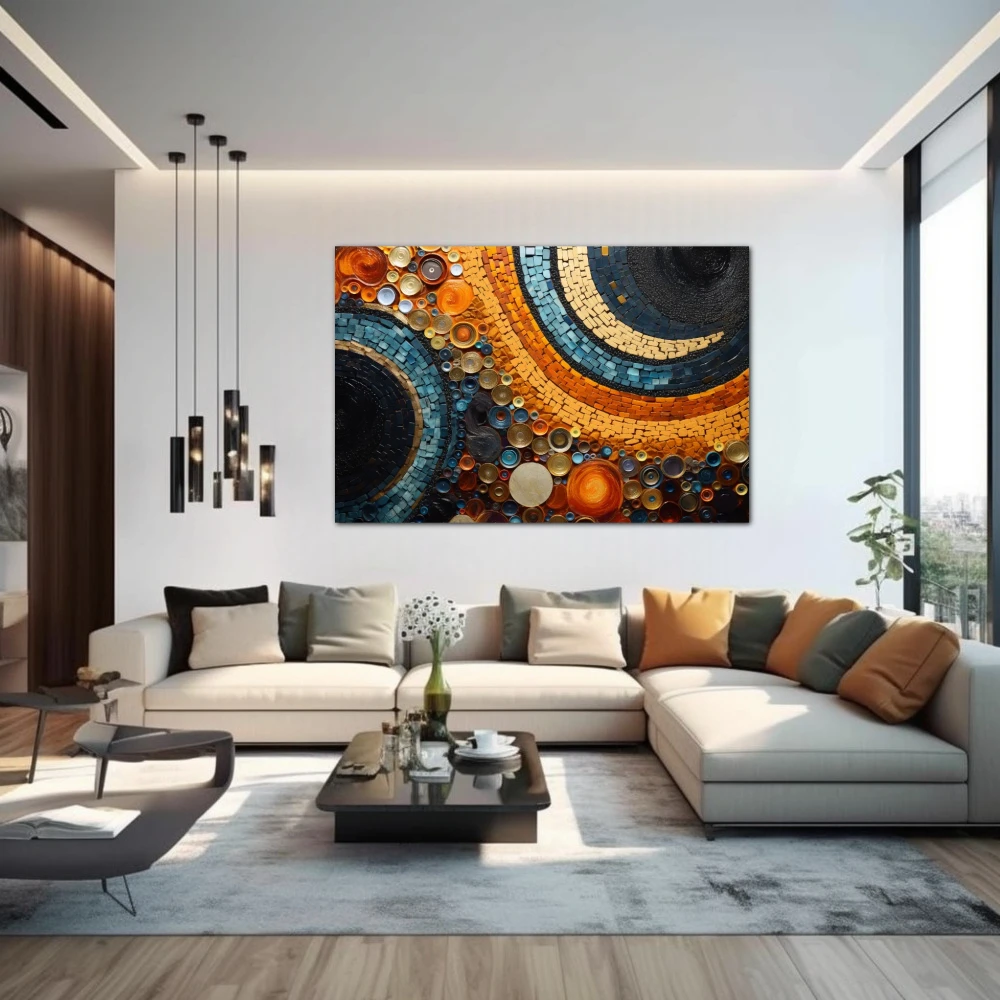 Wall Art titled: Echoes of Abstraction in a Horizontal format with: Blue, and Orange Colors; Decoration the Above Couch wall