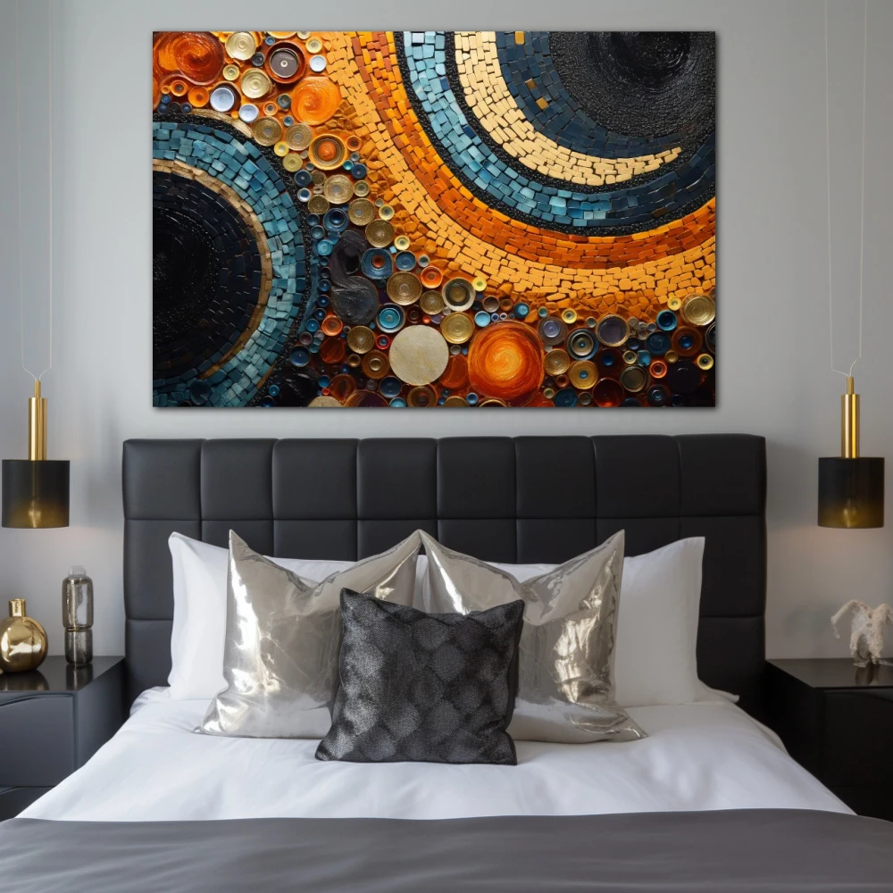 Cuadro ecos de abstracción en formato horizontal con colores azul, naranja; decorando pared de habitación dormitorio