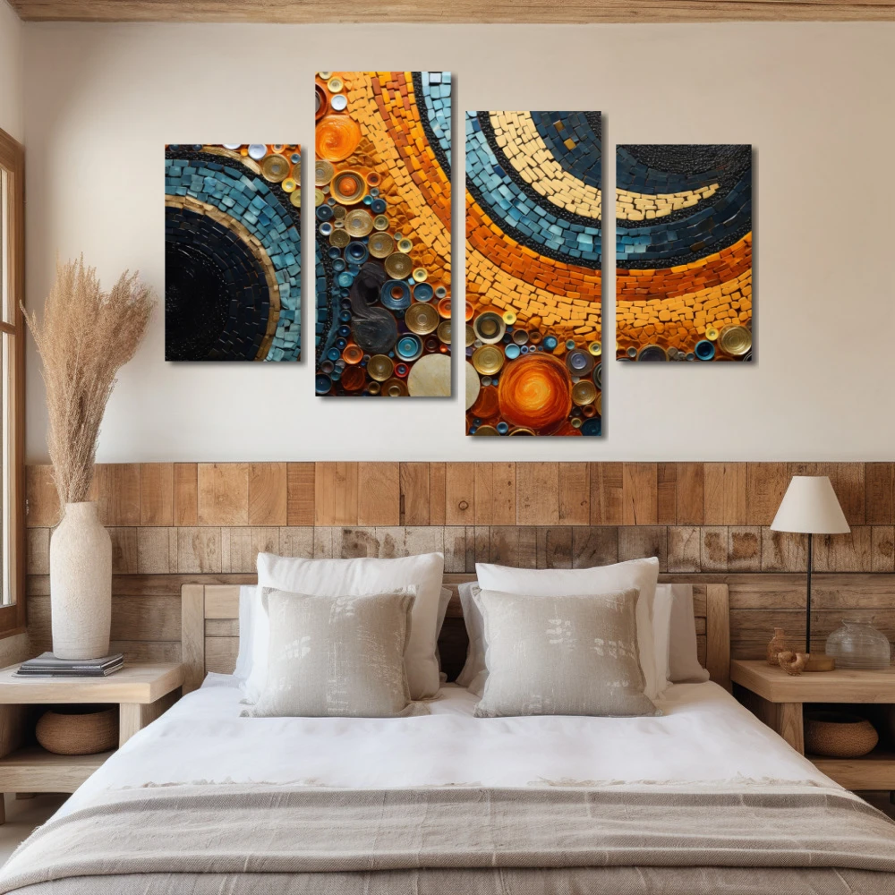 Cuadro ecos de abstracción en formato políptico con colores azul, naranja; decorando pared de habitación dormitorio