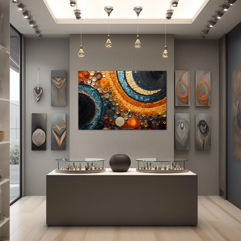 Wall Art titled: Echoes of Abstraction in a Horizontal format with: Blue, and Orange Colors; Decoration the Jewellery wall