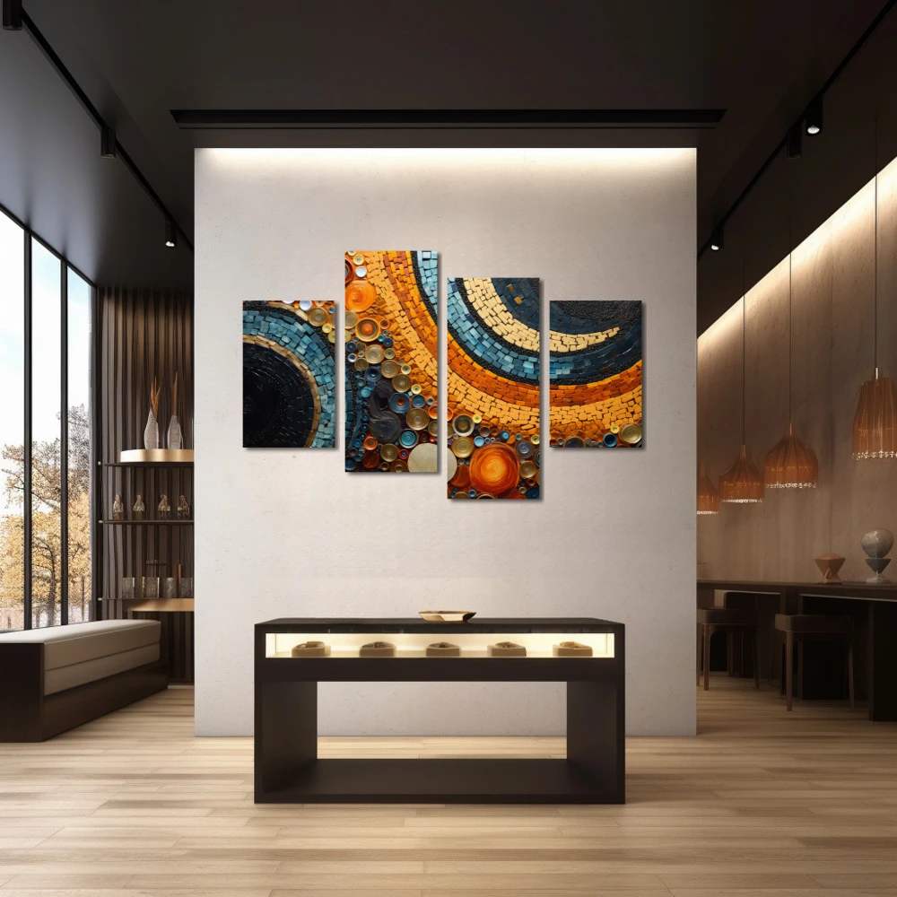 Cuadro ecos de abstracción en formato políptico con colores azul, naranja; decorando pared de joyeria