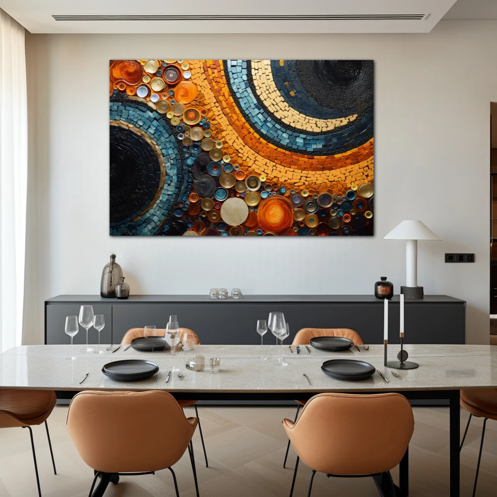 Wall Art titled: Echoes of Abstraction in a Horizontal format with: Blue, and Orange Colors; Decoration the Living Room wall