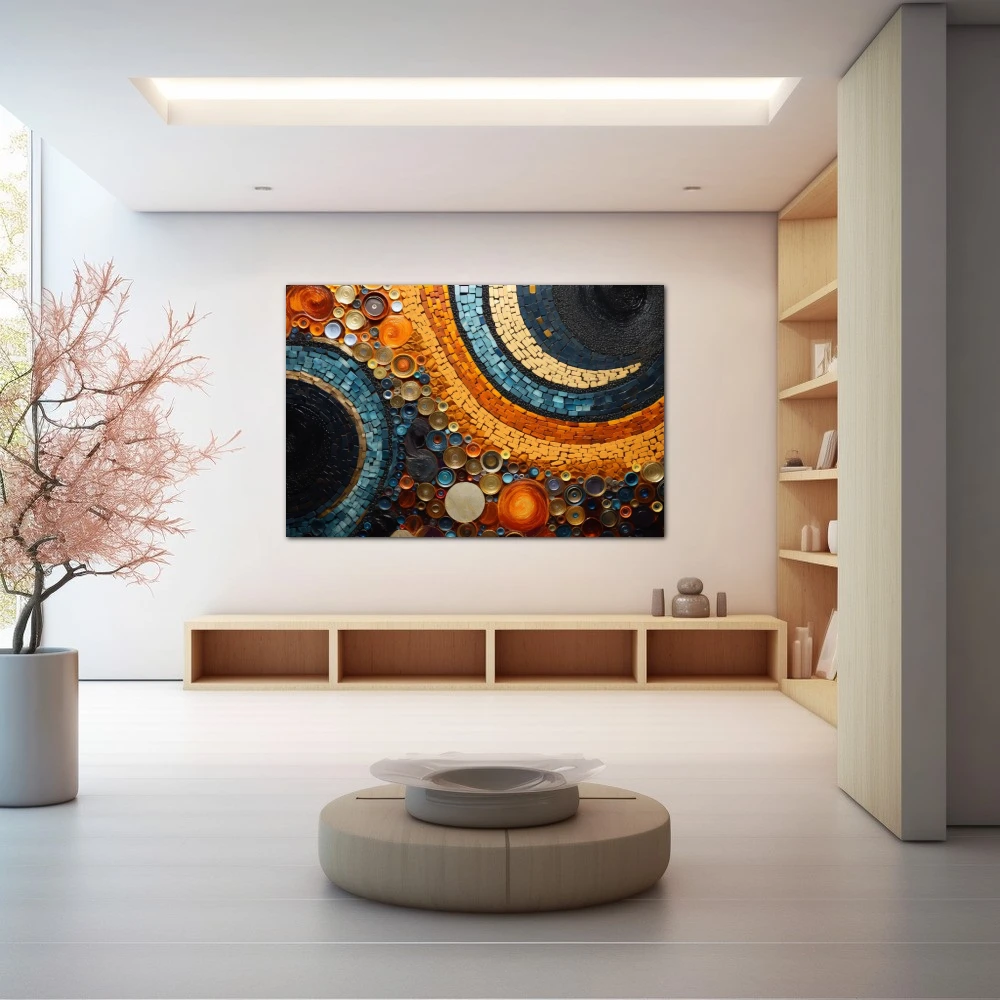 Wall Art titled: Echoes of Abstraction in a Horizontal format with: Blue, and Orange Colors; Decoration the Wellbeing wall