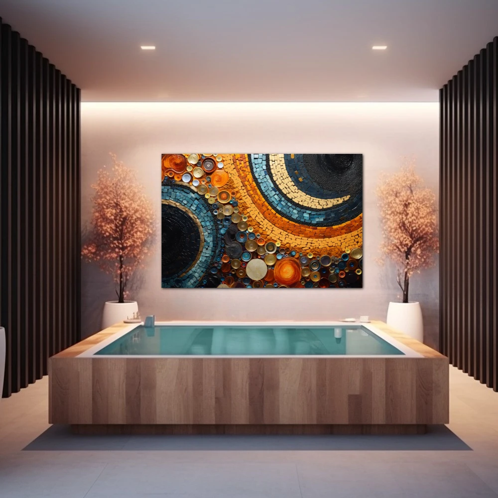 Wall Art titled: Echoes of Abstraction in a Horizontal format with: Blue, and Orange Colors; Decoration the Wellbeing wall