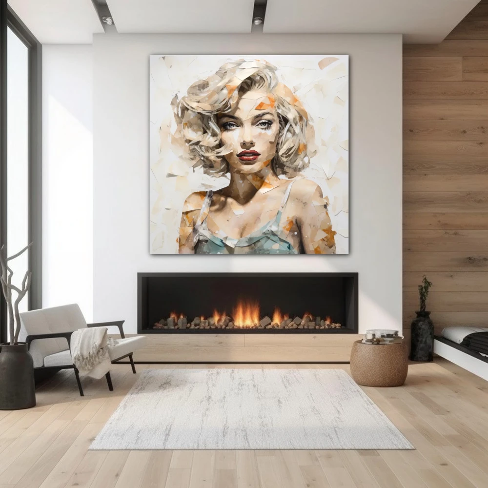Wall Art titled: Fragmented Icon in a Square format with: Grey, Beige, and Pastel Colors; Decoration the Fireplace wall