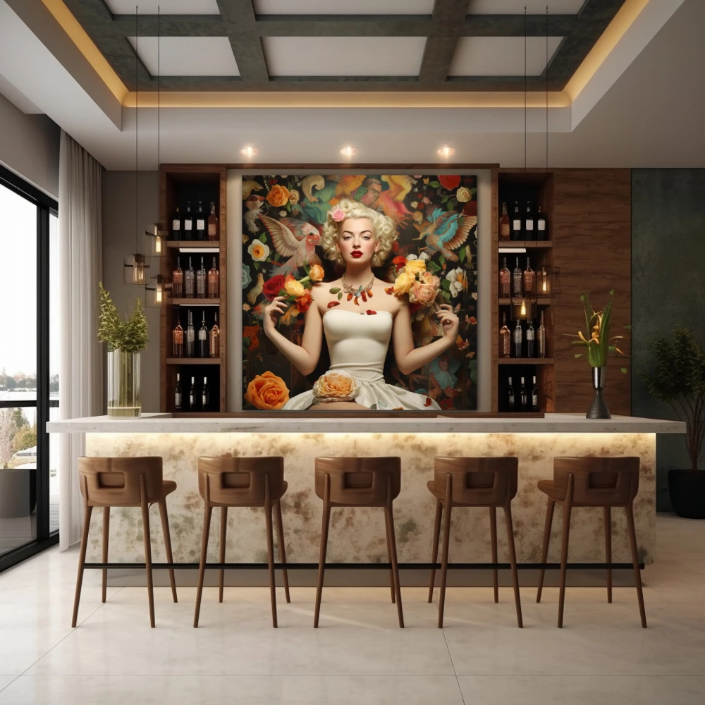 Wall Art titled: Fusion of Icons in a Square format with: Yellow, white, and Vivid Colors; Decoration the Bar wall