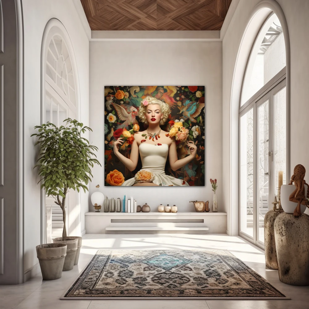 Wall Art titled: Fusion of Icons in a Square format with: Yellow, white, and Vivid Colors; Decoration the Entryway wall
