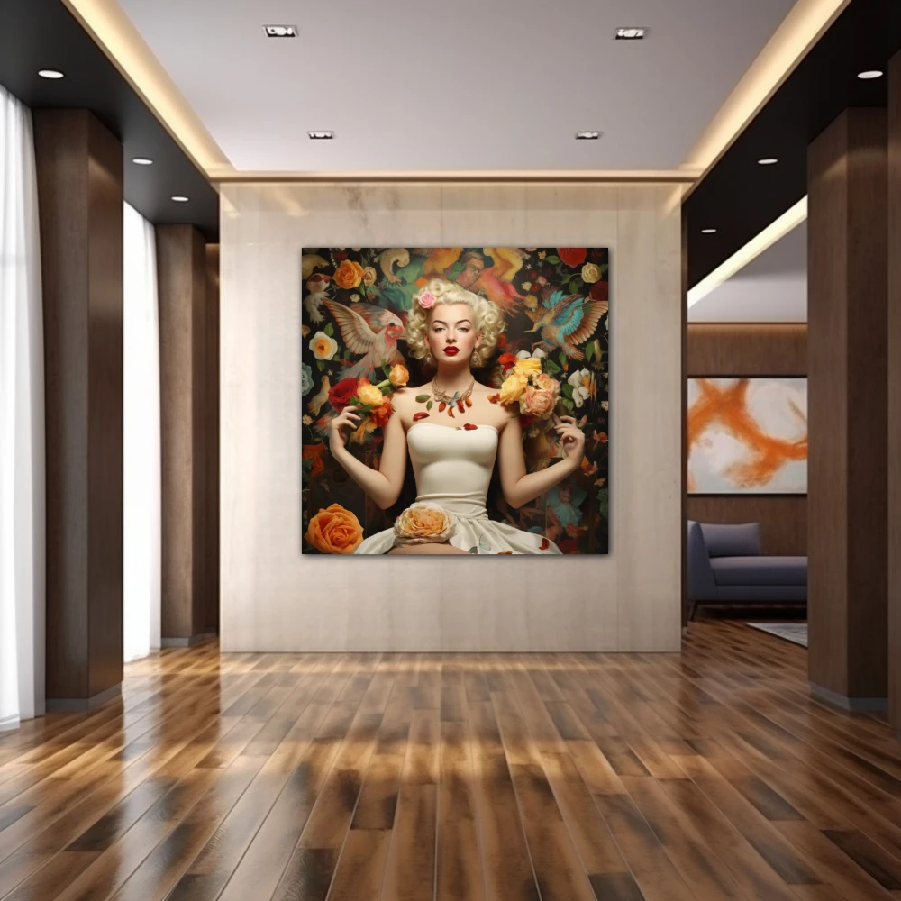 Wall Art titled: Fusion of Icons in a Square format with: Yellow, white, and Vivid Colors; Decoration the Hallway wall