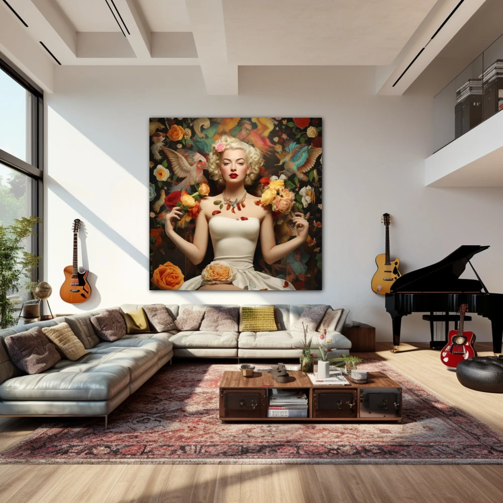 Wall Art titled: Fusion of Icons in a Square format with: Yellow, white, and Vivid Colors; Decoration the Living Room wall