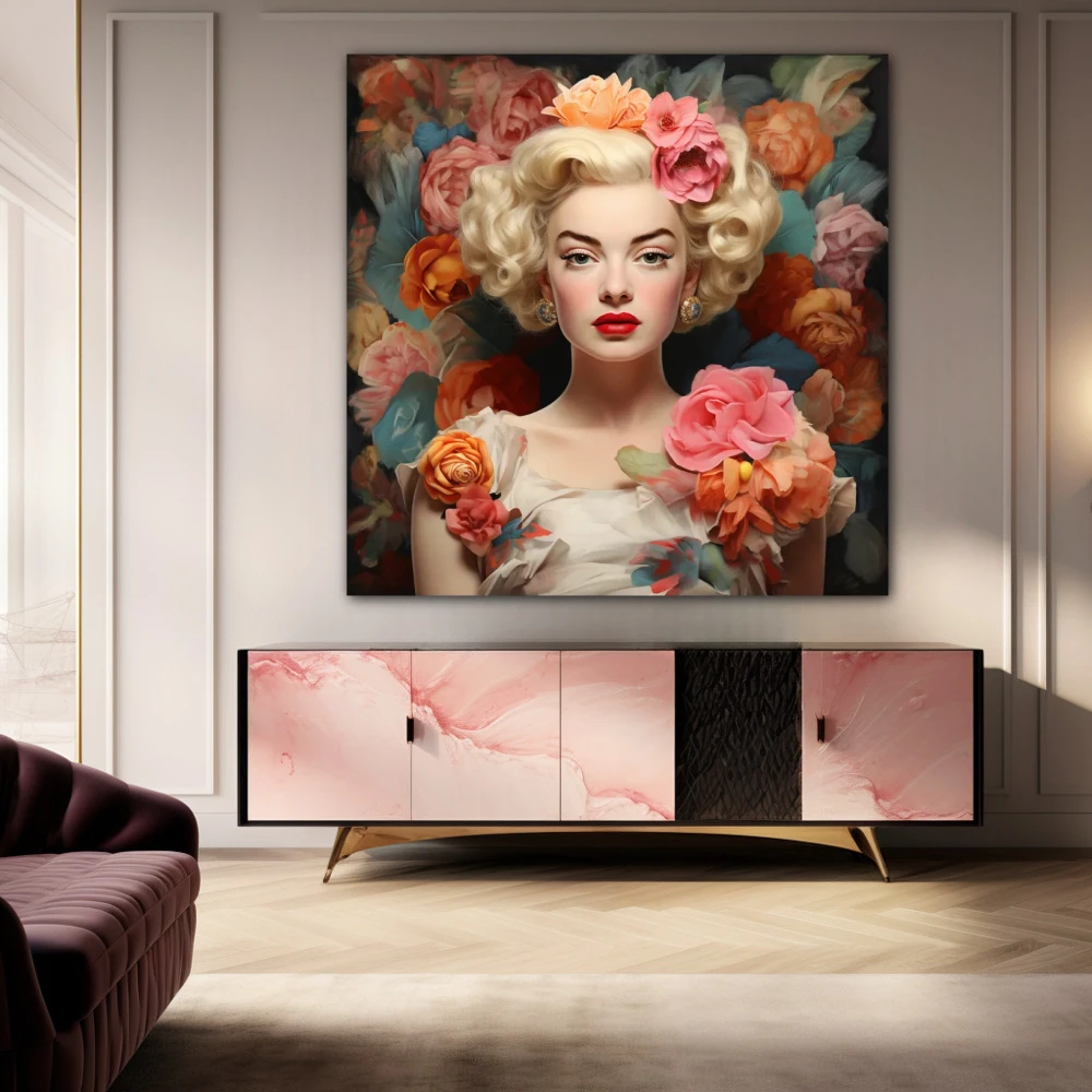Cuadro glamour entre rosas en formato cuadrado con colores naranja, rosa, pastel; decorando pared de aparador