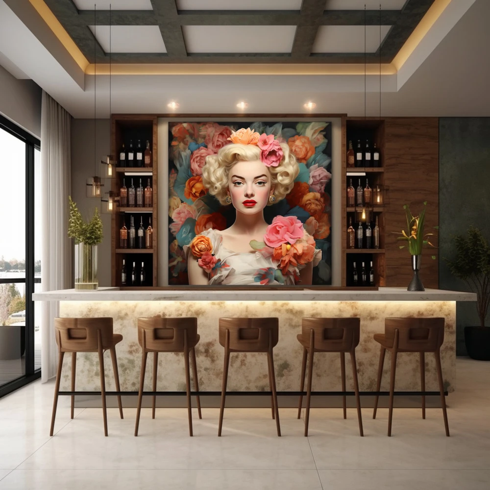 Wall Art titled: Glamour Among Roses in a Square format with: Orange, Pink, and Pastel Colors; Decoration the Bar wall