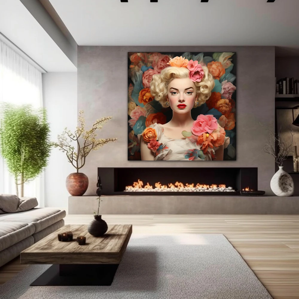 Wall Art titled: Glamour Among Roses in a Square format with: Orange, Pink, and Pastel Colors; Decoration the Fireplace wall