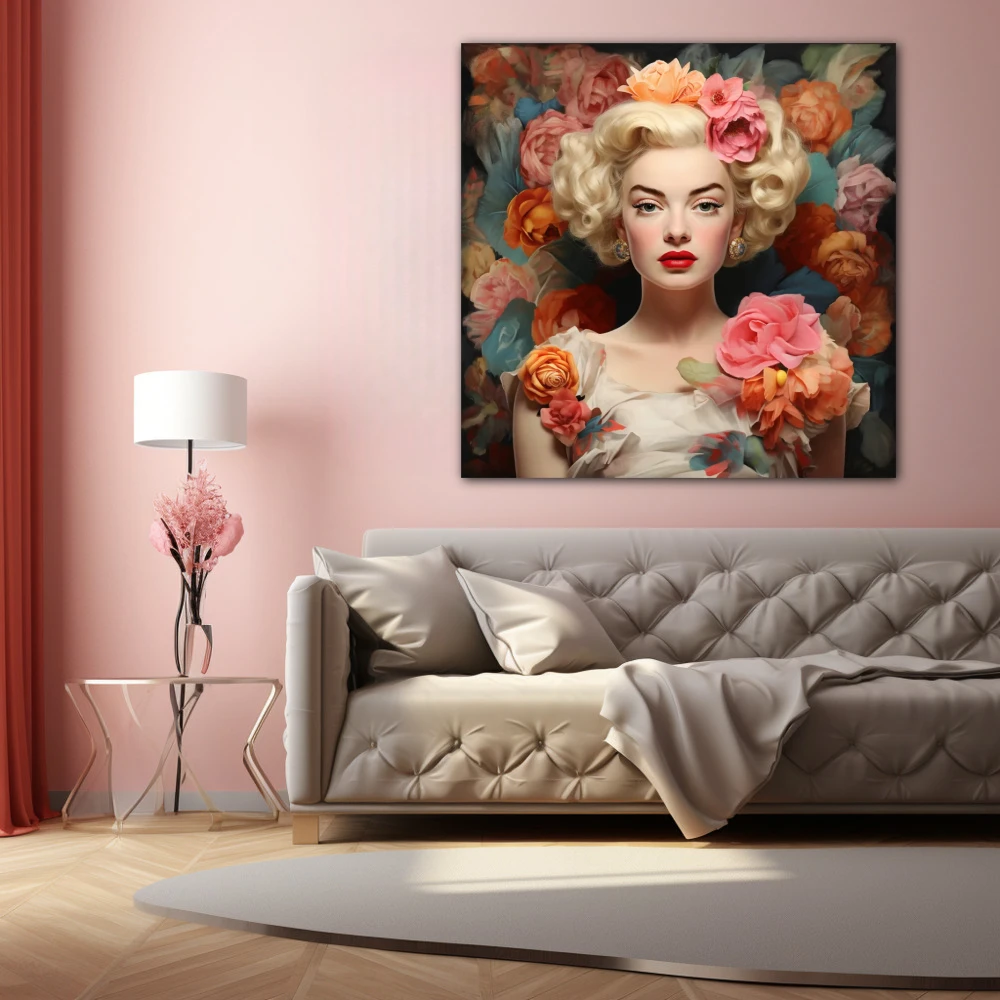 Cuadro glamour entre rosas en formato cuadrado con colores naranja, rosa, pastel; decorando pared de encima del sofá