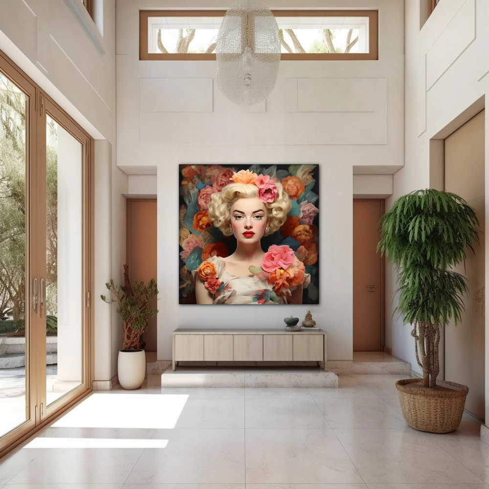 Wall Art titled: Glamour Among Roses in a Square format with: Orange, Pink, and Pastel Colors; Decoration the Entryway wall