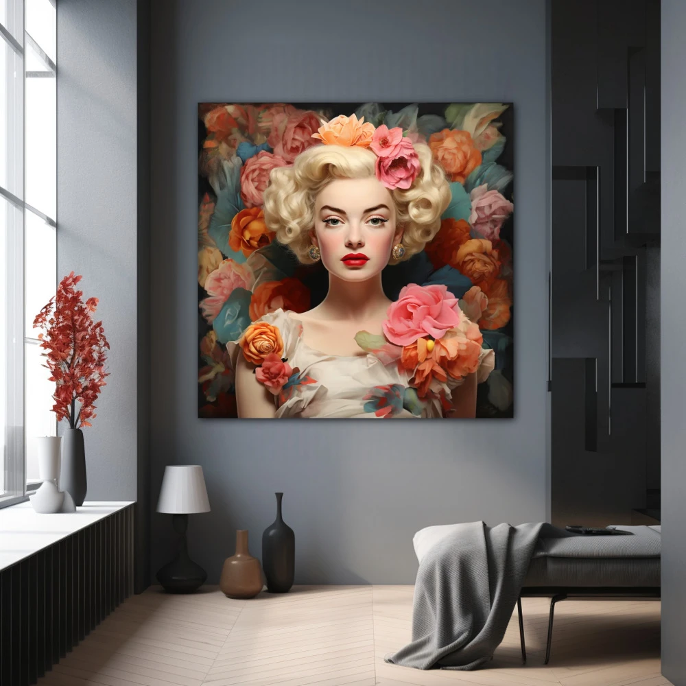 Wall Art titled: Glamour Among Roses in a Square format with: Orange, Pink, and Pastel Colors; Decoration the Grey Walls wall