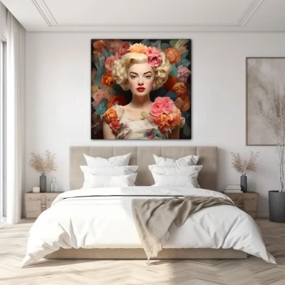 Wall Art titled: Glamour Among Roses in a  format with: Orange, Pink, and Pastel Colors; Decoration the Bedroom wall