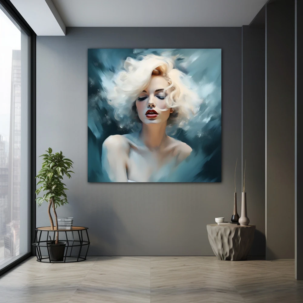 Wall Art titled: Dreams of a Diva in a Square format with: Blue, and white Colors; Decoration the Grey Walls wall