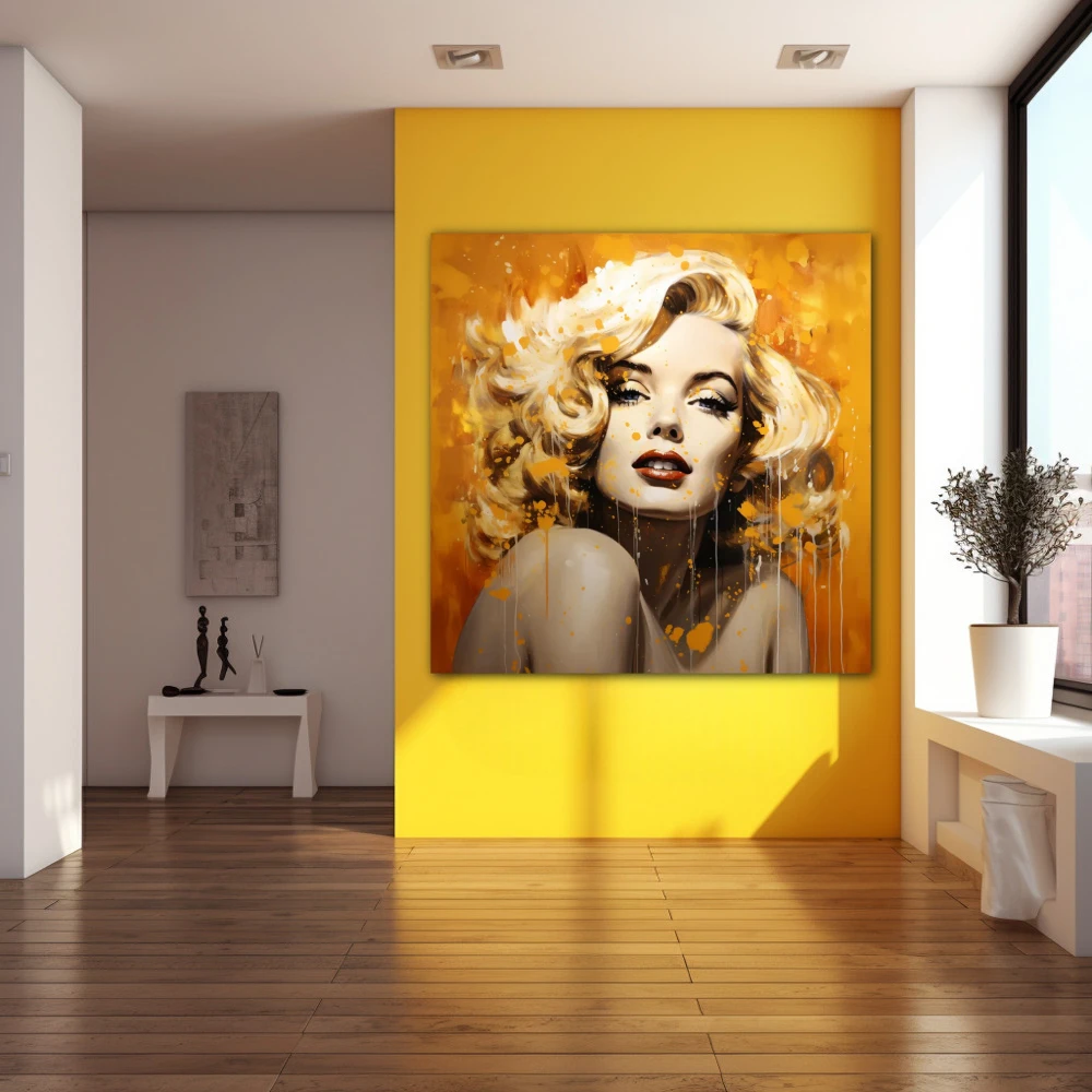 Cuadro trascender a tu belleza en formato cuadrado con colores dorado, naranja, beige; decorando pared amarilla