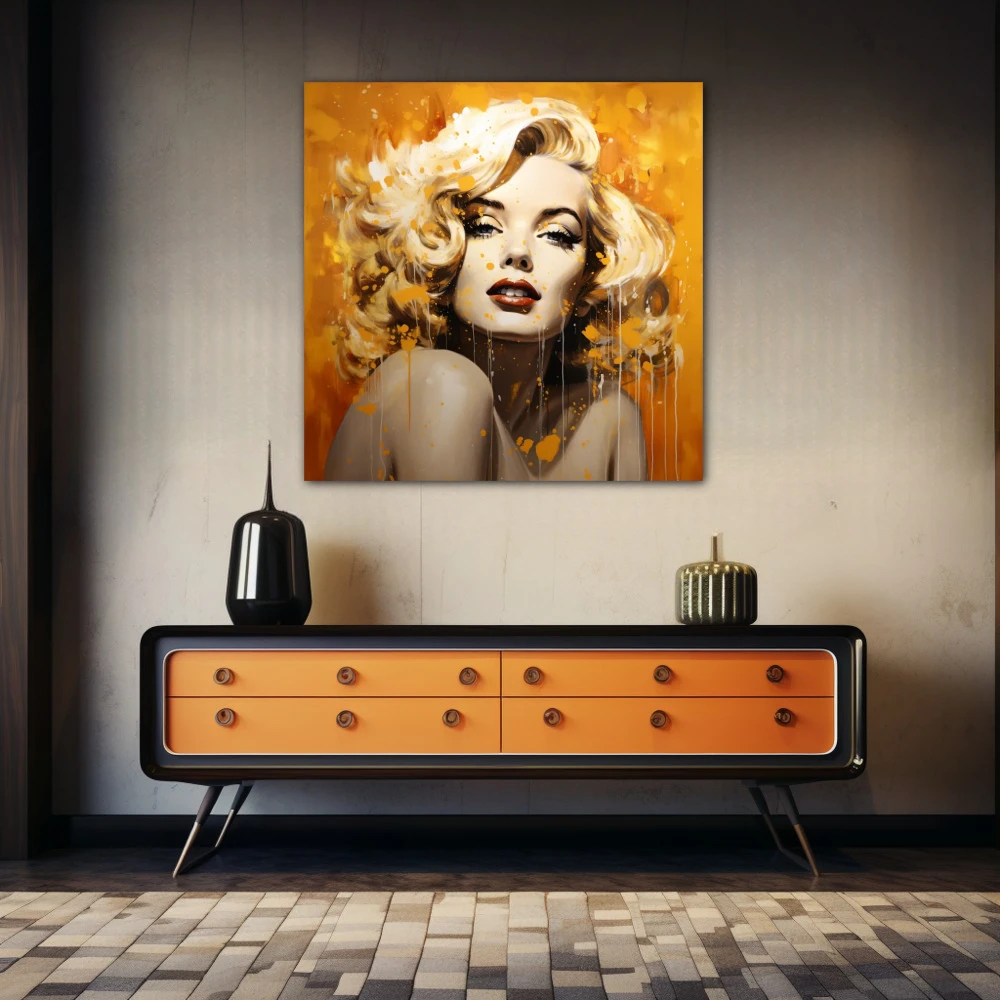 Cuadro trascender a tu belleza en formato cuadrado con colores dorado, naranja, beige; decorando pared de aparador