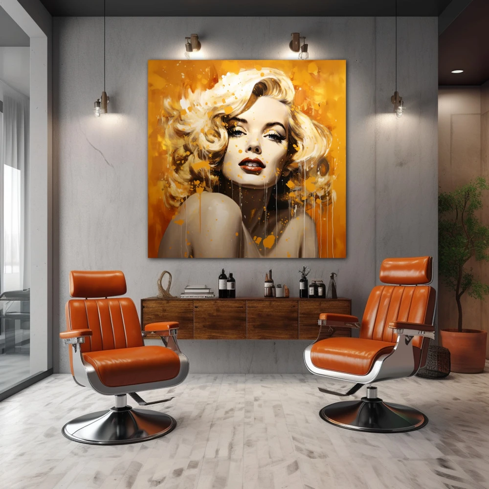 Cuadro trascender a tu belleza en formato cuadrado con colores dorado, naranja, beige; decorando pared de barbería