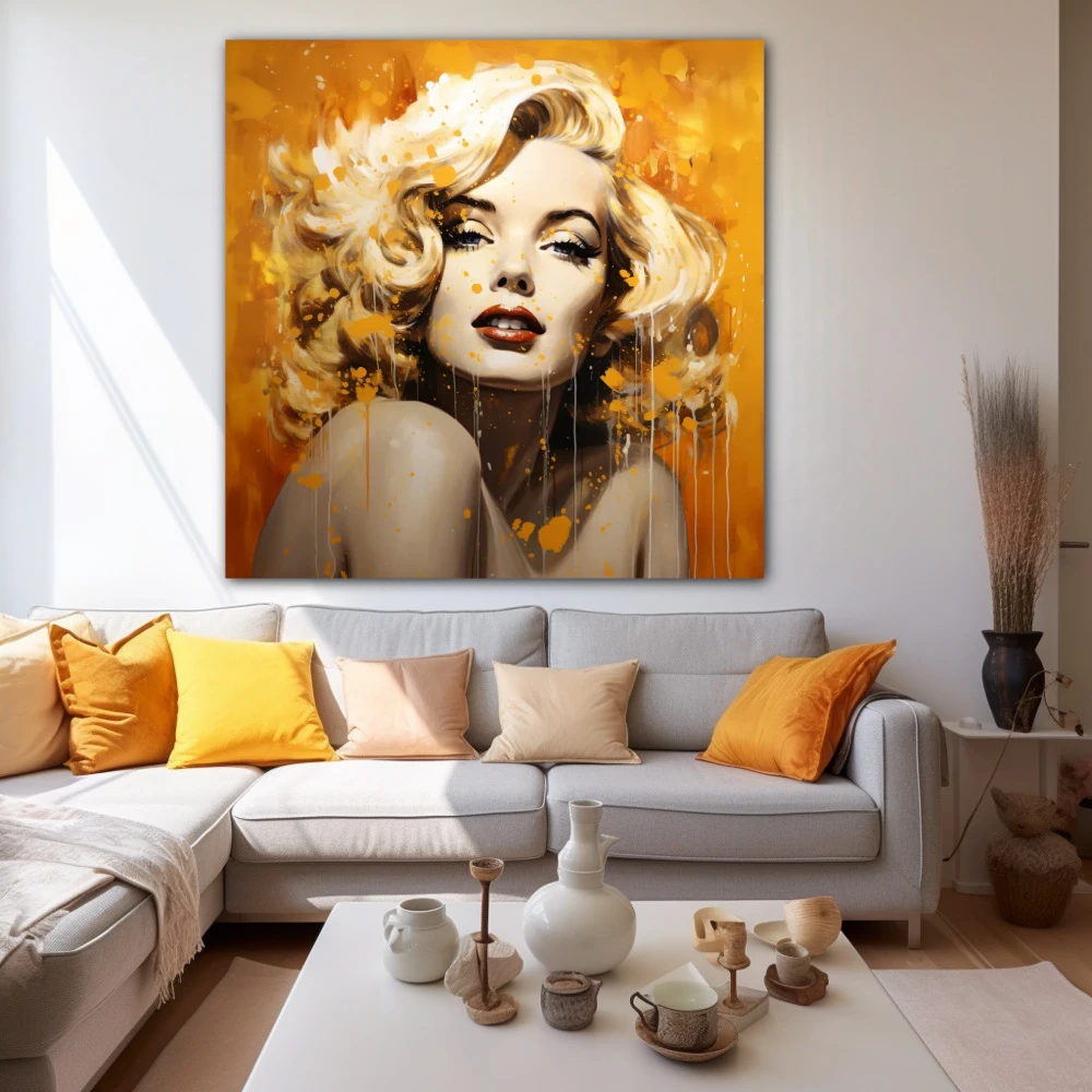 Wall Art titled: Transcend Your Beauty in a Square format with: Golden, Orange, and Beige Colors; Decoration the White Wall wall