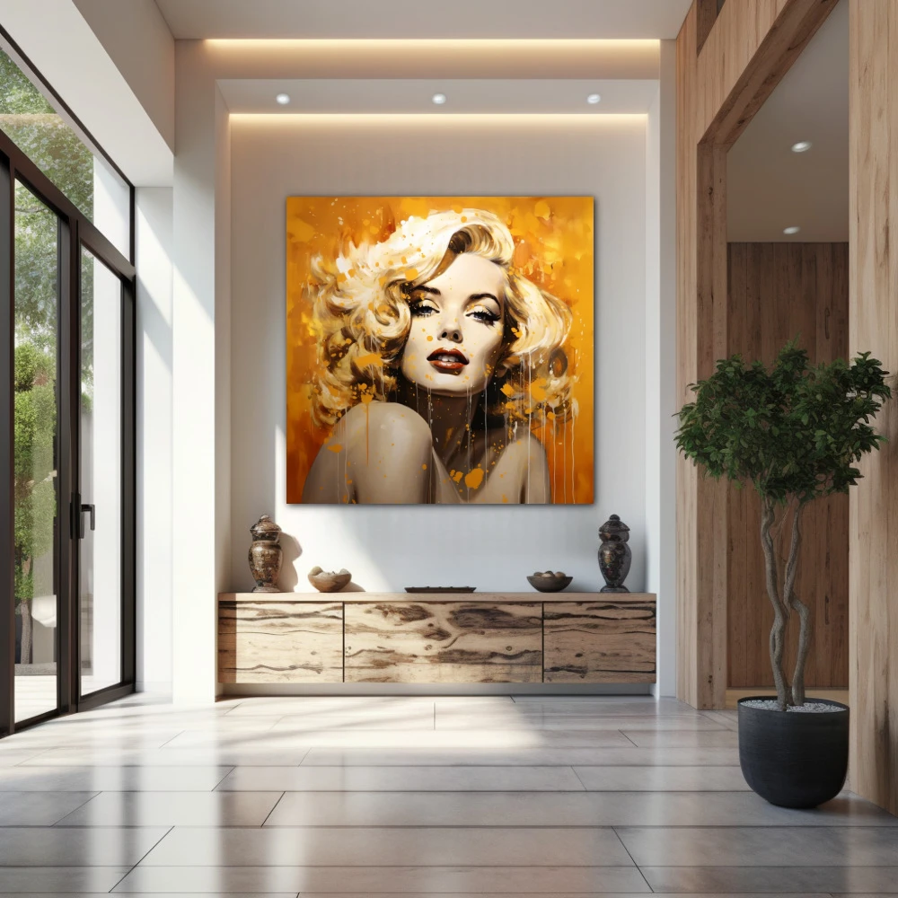 Wall Art titled: Transcend Your Beauty in a Square format with: Golden, Orange, and Beige Colors; Decoration the Entryway wall