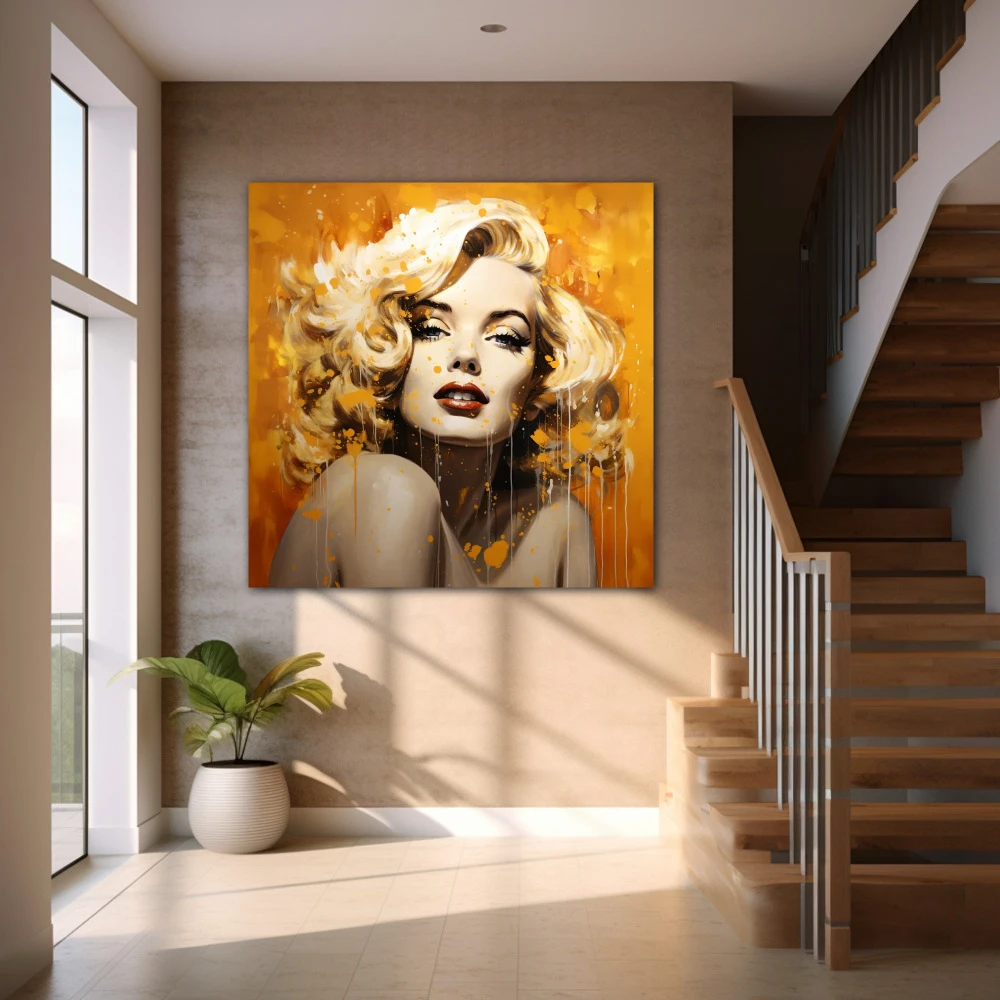 Wall Art titled: Transcend Your Beauty in a Square format with: Golden, Orange, and Beige Colors; Decoration the Staircase wall