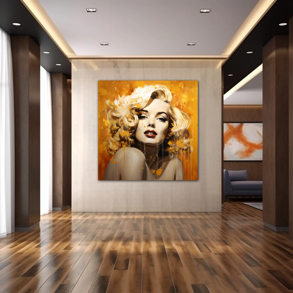 Wall Art titled: Transcend Your Beauty in a Square format with: Golden, Orange, and Beige Colors; Decoration the Hallway wall