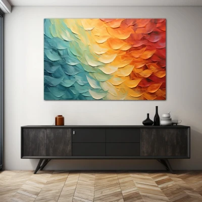 Wall Art titled: Sky in Transition in a Horizontal format with: Yellow, Sky blue, and Orange Colors; Decoration the Sideboard wall
