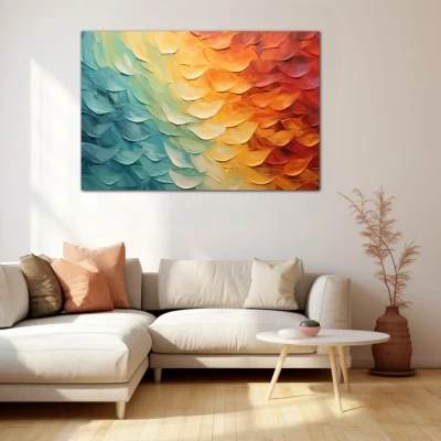 Wall Art titled: Sky in Transition in a Horizontal format with: Yellow, Sky blue, and Orange Colors; Decoration the Beige Wall wall
