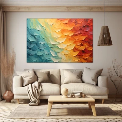Wall Art titled: Sky in Transition in a  format with: Yellow, Sky blue, and Orange Colors; Decoration the Beige Wall wall