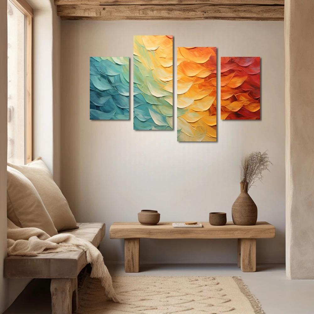 Wall Art titled: Sky in Transition in a Horizontal format with: Yellow, Sky blue, and Orange Colors; Decoration the Beige Wall wall
