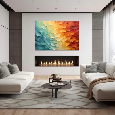 Wall Art titled: Sky in Transition in a Horizontal format with: Yellow, Sky blue, and Orange Colors; Decoration the Fireplace wall