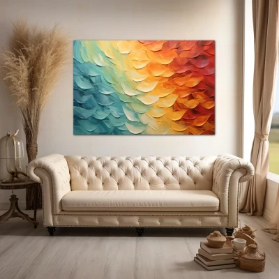 Wall Art titled: Sky in Transition in a  format with: Yellow, Sky blue, and Orange Colors; Decoration the Above Couch wall