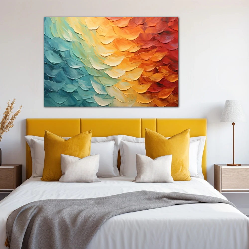 Cuadro cielo en transición en formato horizontal con colores amarillo, celeste, naranja; decorando pared de habitación dormitorio