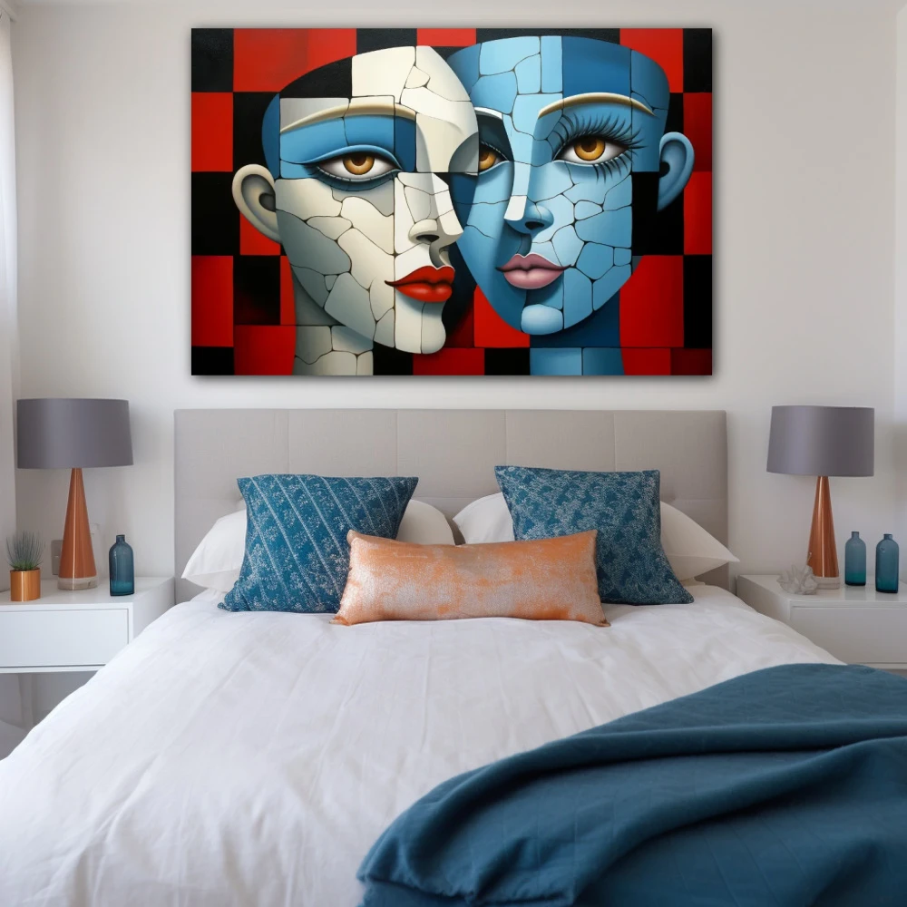 Cuadro kintsugi del amor en formato horizontal con colores azul, rojo; decorando pared de habitación dormitorio
