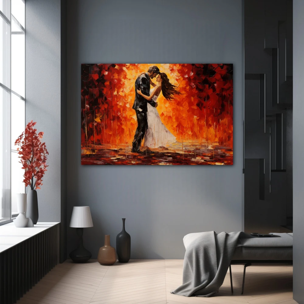 Cuadro pasión incandescente en formato horizontal con colores naranja, rojo, vivos; decorando pared gris