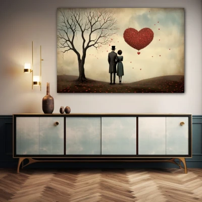 Wall Art titled: Shared Eternity in a Horizontal format with: Brown, Red, and Pastel Colors; Decoration the Sideboard wall